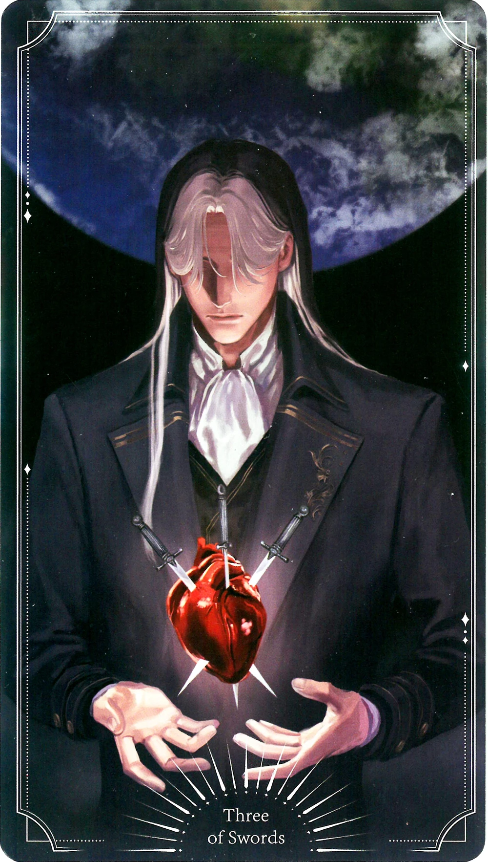 **Mr. Door holding a heart pierced by swords with the Earth in the background.**